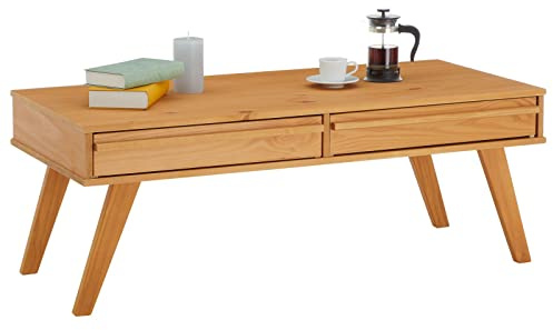 IDIMEX Couchtisch Jona mit 2 Schubladen im Skandi Look, moderner Beistelltisch mit Holzfüßen, eleganter Sofatisch aus massiver Kiefer in braun