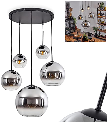 Hängeleuchte Koyoto, Hängelampe aus Metall/Glas in Schwarz/Chromfarben/Klar, Retro Design mit Schirmen aus Glas (Ø2 x 15 cm; 20 cm; 25 cm; 30 cm), Höhe max. 173,5 cm, 5-flammig, E27, ohne Leuchtmittel