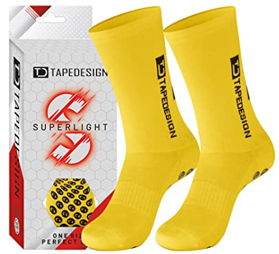 Tapedesign - Superlight - 1 Paar Rutschfeste, ultraleichte Fußballsocken Gelb mit gummierten Noppen (Unisex) - Sport-Socken mit Grip für Damen & Herren - Anti-Rutsch Fussball-Socken atmungsaktiv