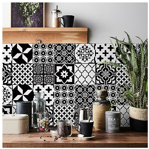 Autocollants pour carreaux 20 × 20 cm - Cuisine et salle de bain, Blanc et noir, Écailles de poisson 3D, Imperméables, à l'épreuve de l'huile, Autocollants pour crédence et mur