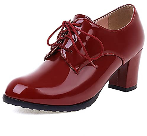 Gicoiz Calzado Mujer Cordones Oxford Charol Tacón Ancho Bomba Punta Rojoonda Oficina Clásica Derby Comfy Formal Zapatos de Vestir Vino Rojo Talla 40.5 EU-42Cn