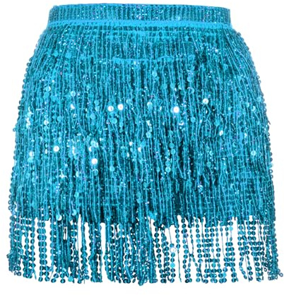 Soudittur Falda de Lentejuelas para Danza con Borlas, Belly Rave Faldas con Flecos, Falda Brillante, Mini Falda Cruzada, Falda Carnaval de Festival para Mujeres y Niñas(Azul Claro)