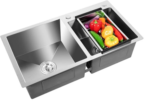 Fregadero Doble de Acero Inoxidable Empotrable Con Cesta de Drenaje, 2 Cuencos, 78 x 43 x 21 cm, Para Cocina
