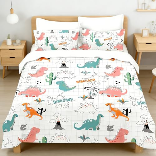 BDKCYO Kinder Cartoon Dinosaurier Bettwäsche,Niedlich Cartoon Bettbezug Bunte Dinosaurier Motiv Druck für Jungen Mädchen mit kopfkissenbezug (135x200cm, A)