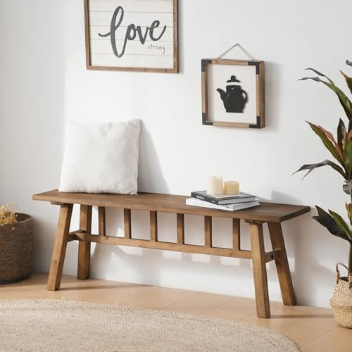 Wnutrees 51.2 Solid Wood Bench, Farmhouse Rustic Entryway Bench Seat for Dining Room, Hallway, End of Bed, Handcrafted Finish, Natural