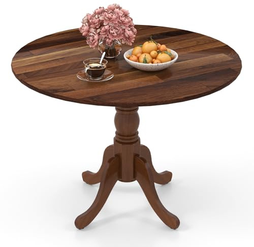 RELAX4LIFE Table à Manger en Bois d’Hévéa, Table Cuisine Ronde 100 CM pour 4 Personnes, Grain Naturel, Base Évasée, Coussinets Réglables, Style Rustique, pour Cuisine, Salle à Manger, Salon (Noyer)