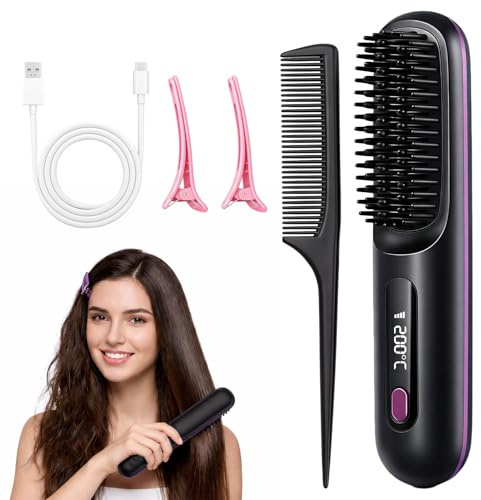 Cepillo Alisador Pelo Inalambrica, Escova Alisadora de Cabelo Iónico, Peine Alisador de Cabello Electrico Portátil, Recarga USB, con Pantalla LCD, 3 Modos Ajustable, 160-200°C, Mini Plancha Pelo