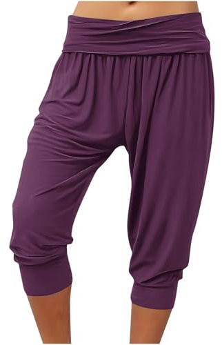Generiska joggingbyxor 3/4 dam bomull, dam fritidsbyxor lätta breda, hög midja bekväma yogabyxor korta capribyxor casual capribyxor lätta enfärgade, träningsbyxor för yoga pilates jogging sport, vin