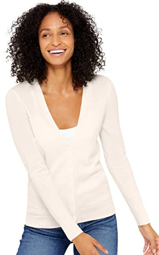 State Cashmere Women's Button Front V-Neck Cardigan 100% Pure Cashmere Long Sleeve Sweater (Undyed White, Medium)