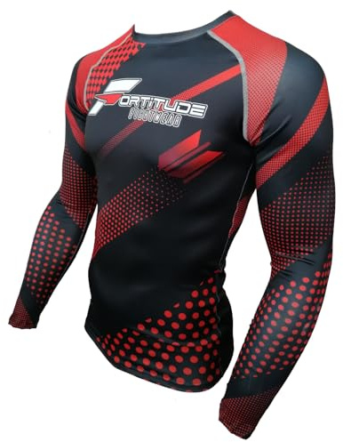 Fortitude Fightwear Long Sleeve MMA Rash Guard | No Gi BJJ Rashguard for Brazilian Jiu Jitsu & Mixed Martial Arts | Compression Shirt Base Layer (Red, XXL)