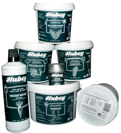 HUBEY GBS Starter Kit – Organischer Bio Dünger Set für 100L Erde – Grow & Bloom Düngerset mit Wurmhumus, Guano, Vinasse, Mykorrhiza & Bentonit – für Gemüse, Kräuter & Pflanzen