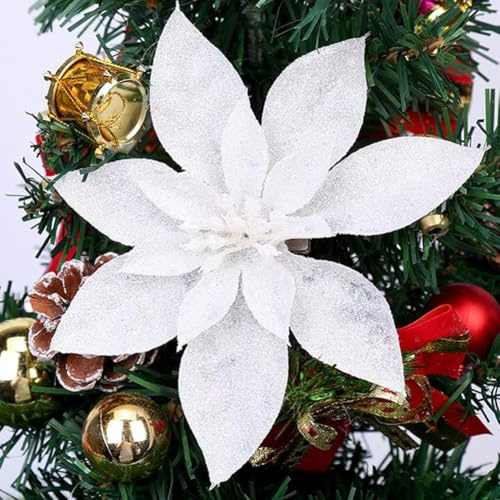 GL-Turelfies Lot de 12 fleurs de Noël à paillettes (16 cm) avec 12 poinsettia artificielles pour sapin de Noël avec clips - Décorations de sapin de Noël (Blanc)