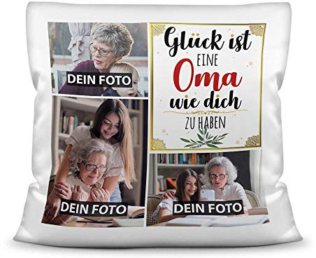 Print Royal Kissen mit Füllung - Fotocollage selbst gestalten mit Spruch für Oma - GLÜCK - mit DREI eigenen Fotos - Geschenkidee Fotokissen - Kissen Polyester - Weiß
