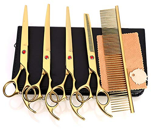 PJDDP Hunde Fellschere,5 in 1 Hunde Haarschere Hundescheren,7-Zoll Professionelle Stainless Steel Hundescheren Set,Einschließen Gerade Hunde Schere Effilierschere Hundeschere Gebogen Und Kamm,Gold
