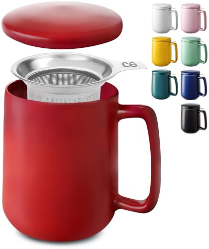 Cosumy Taza de Te con Filtro y Tapa 500ml - Ceramica - Mantiene Caliente la Infusion - Apta para Lavavajillas (Rojo)