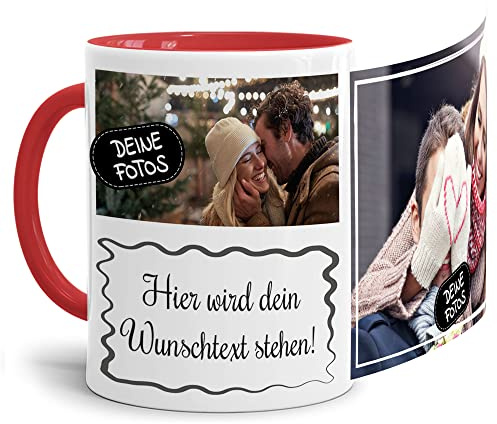 Foto-Tasse selbst gestalten mit Text & Collage für 2 Fotos - Geschenk für Familie, Freunde, Geburtstag, Weihnachten - Keramik Innen & Henkel Rot, 300 ml I Personalisiert