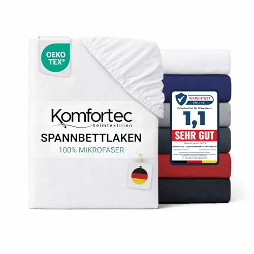 Komfortec Mikrofaser Spannbettlaken 140x200 cm – Weiches Spannbetttuch mit Rundumgummi – Fitted Sheet für Matratzen bis 30 cm – Weiß – Oeko-Tex – Pflegeleicht & Hautfreundlich – 90g/m²
