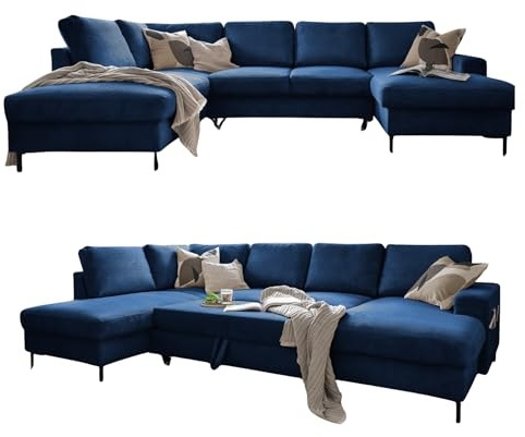 MIUFORM Lofty Lilly mit Bettkasten | 8 Sitzer Ecksofa | U-form links | 303 x 197 x 84cm | Klappsofa mit Schlaffunktion | Schlafsofa klappbar | Wohnlandschaft (Navy blau)