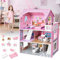 LARS360 Grande maison de poupée en bois rose - Grande villa de poupée pour fille - Kit de jeu avec meubles et accessoires - 3 étages - Facile à monter, sûr et respectueux de l'environnement (60 x 24 x
