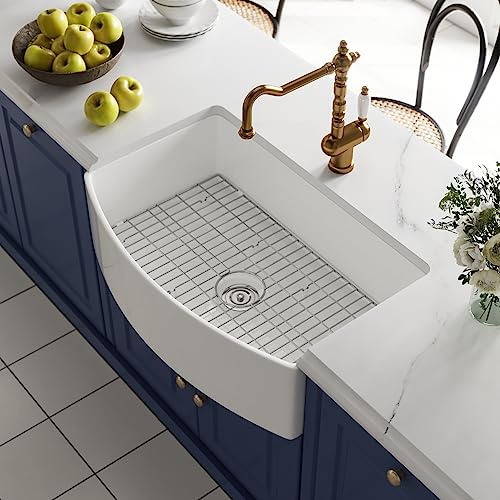 DeerValley Farmhouse Kitchen Sink 33 inch, White Fireclay Apron Front Farm Sinks, Single Bowl Deep Drop In Undermount Sink with Grid and Basket Strainer, Easy to Clean