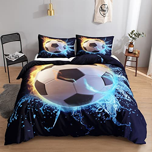 Housse de Couette 200x200 Ballon de Foot Bleu foncé 3 Pièces Parure de Lit en Microfibre, Ensemble de Literie avec 1 Housse de Couette 200x200 et 2 Taie d'oreiller 65x65 cm, pour Adulte Enfant