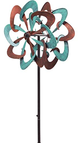 Kinetic Art Windspiel Metall Windrad kugelgelagert - Windmühle inkl. Bodenanker wetterfest standfest ideal für Terrasse und Garten (Copper Swirl, Duett)