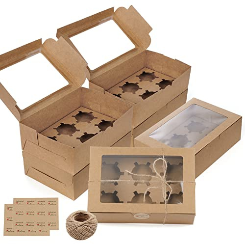 Coptiner 20 Stück Cupcake-Boxen mit Fenster und Einsätzen, Kuchen-Boxen 6 Löcher, Bäckerei-Boxen, Kartonverpackungsbox, Kuchenträgerbehälter für Muffins, Gebäck, Cupcakes, Kekse (Kraft)