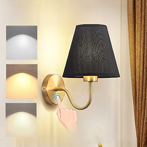 KZT LED Dimmbar Wandleuchte Innen mit Touch Control Wandlampe E27 14W Modern Nachttisch Leselampe aus Leinen Stoff Wandbeleuchtung für Schlafzimmer Wohnzimmer Korridor Büro Hotel Flur Lampe (Schwarz)