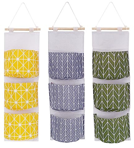 Puedno 3 Stück Hängend Aufbewahrungstasche mit 3 Taschen, wasserdichter Leinenstoff zur Wandmontage, Hängetasche über der Tür, Hängetasche für Schlafzimmer, Badezimmer (grau + grün)