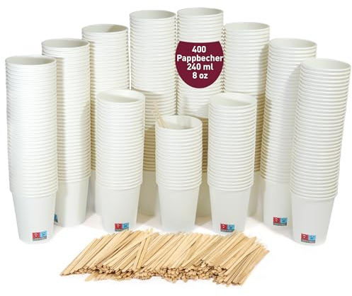 400 Gobelets à café jetables blancs de 240 ml / 8 oz avec agitateurs en bois, résistants, étanches et sans odeurs. Gobelets en carton jetables.