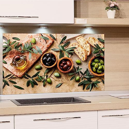GRAZDesign Spritzschutz Küchenrückwand Glas Küche für Herd & Küchenspüle, Holzoptik mit Oliven | Glasplatte für Rückwand Küchenwand Wandschutz | 60x40cm