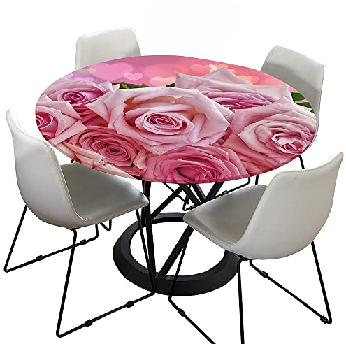 Hixingo Tischdecke, Abwaschbar Gartentischdecke Tischdecke Elastisch Rund Tischdecken Tischtuch Outdoor Indoor Tisch Schutz für Restaurant, Familie (Durchmesser 120cm,Rosa Rose)