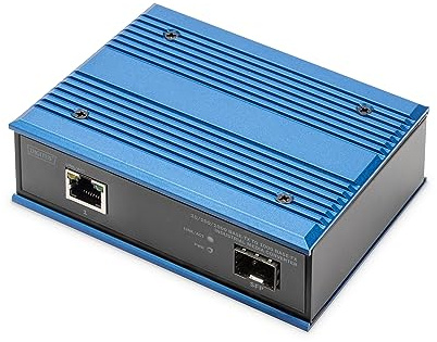 DIGITUS industrieller Medienkonverter – RJ45 zu SFP-Port | 1 Gbit/s – Hutschienenmontage – IP40 Schutzklasse – Schwarz,blau