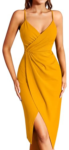 Missufe Abito da donna, da cocktail, da festa, estivo, da festa, elegante, senza maniche, con spalline sottili, giallo., S