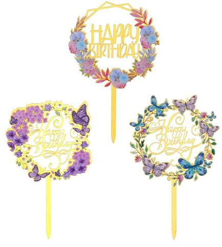 3 Pcs Flowers Cake Toppers Acrylic Happy Birthday Cake Toppers Various Birthday Party Wedding Cake Decoration