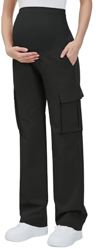 GLAMIX Women's Maternity Cargo Pants with Four Pockets Over The Belly Scrub Pants Pregnancy Clothes(Black, M)