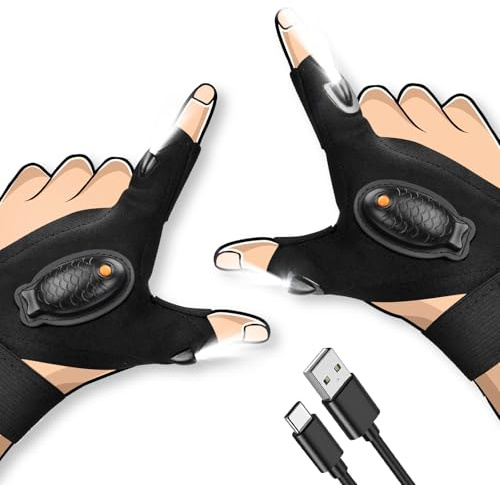 LED Flashlight Gloves, Christmas Stocking Stuffers for Men Gift for Dad Husband Rechargeable Waterproof Gloves Birthday Gifts for Boyfriend Adult Cool Gadget Guy Fishing Camping Car Repairing Light