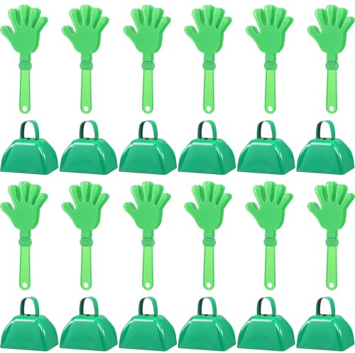 ZCYSRLQIN 24 Pcs Hand Clappers and Metal Cowbells Noise Makers Cheering Clappers Cow Bells Handle Cheers Dance Basketball Football Noise Makers Sporting Events Graduation School Sports Party (Green)