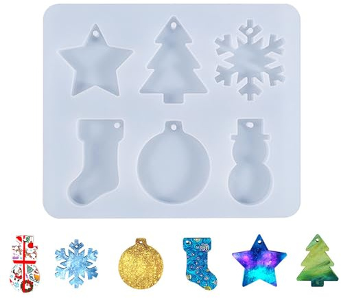 JTMKYO 1 Stück Weihnachtsanhänger Form, Weihnachts Silikonform, DIY Handgefertigter Anhänger, Weihnachtsbaum-Schneeflocken Stern Dekorationsform, Harzform, Wiederverwendbar (6 Formen)