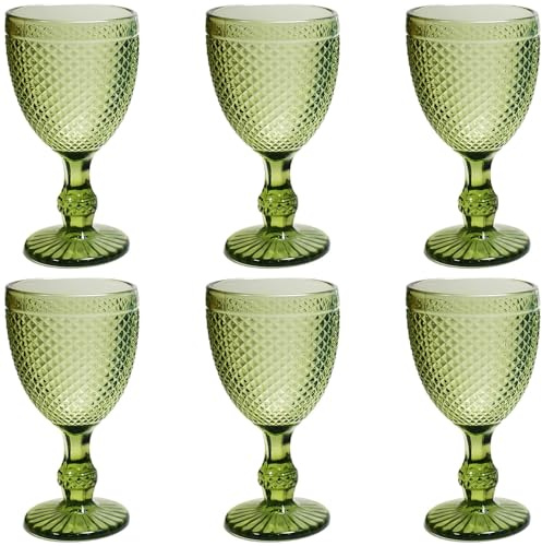 Taganov Green Drinking Glasses set of 6 Vintage Glassware Colored Wine Glasses Water Goblets 10 OZ for Wedding Party Bar Christmas Pretty Stemmed Cup Textured Stemware