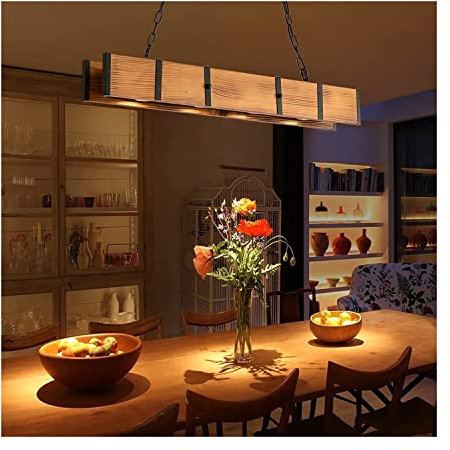 LUOYAOB Modern Pendelleuchte Rechteck Holz Bauernhaus Kronleuchter Industrielle lineare Kücheninsel Pendelleuchte 4 Licht Rustikal Billardtisch Hängelampe Dekoration for Restaurant Bar Café Esszimmer