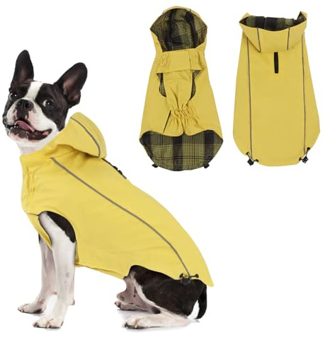 Vejaoo Regenmantel Hund Wasserdicht, Reflektierend Regenjacke mit Kapuze für Hund, Verstellbare Winddicht Regenjacken für Kleine Mittelgroße Groß Hunde Spaziergäng XZ015(Gelb,L)