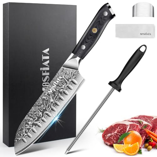 MOSFiATA Coltello Santoku Damasco Coltelli da Cucina Professionali con Manico G10, Lunghezza della Lama 17,8cm