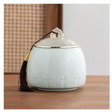 KaTiak Tea caddy,Ceramic Tea Caddy Vintage Chinese Style Porcelain Loose Leaf Tea Storage Canister Pot with Silvery Lid and Tassels Tea Storage Jars