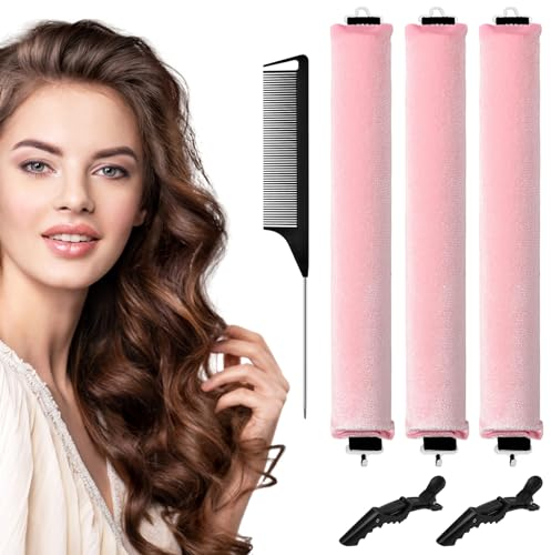 WuGU Boccoli Capelli Senza Calore, 3 pezzi Heatless Curler, Arricciatori per la notte, Bacchette Flessibili con Ganci e Clip, Bigodino Morbidi per Capelli Curler Per Capelli Medi Lunghi Dormire(Rosa)