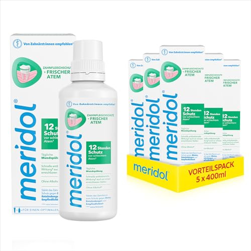 meridol Mundspülung Zahnfleischschutz & Frischer Atem 400ml - antibakterieller Effekt für gesunde Zähne & Zahnfleisch, 12h frischer Atem, ohne Alkohol (Packung mit 5)