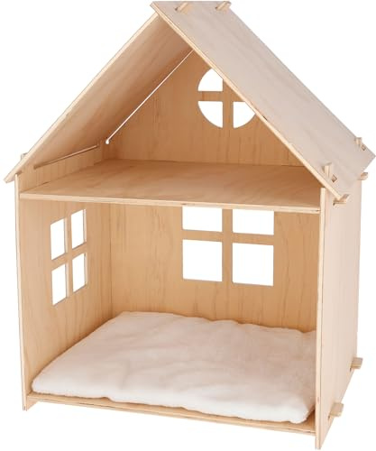 Kerbl Pet Indoor-Katzenhaus Yvi | Natur/Weiß, 53 × 38 × 67,5 cm, zweistöckiges Sperrholzhaus mit herausnehmbarem Liegekissen