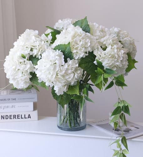 Buart Lot de 3 fleurs d'hortensia artificielles en soie à longue tige - Toucher réaliste - Blanc - Pour fête de mariage, bouquet de mariée, bureau, salon - Décoration de table (53,3 cm)