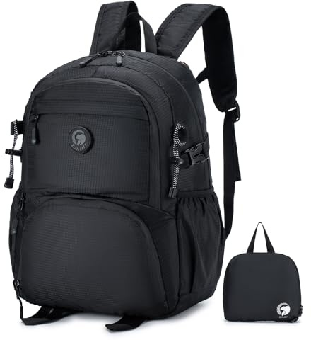 SPAHER Faltbare Reisetasche Handgepäck 40x30x20 Wizzair Vueling Ultraleicht Wanderrucksack 25L Wasserdicht Backpack Kleiner Daypack Flugzeug Reiserucksack für Damen Herren Outdoor Camping Schwarz