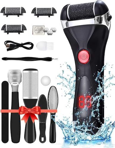 Jooayou Foot File Electric for Hard Skin, USB Rechargeable Waterproof Foot Scrub Callus Remover [with 3 Pumice Stone Rollers & 8 in 1 Foot Scraper Set] Foot Care Tool for Dry Dead Cracked Heel